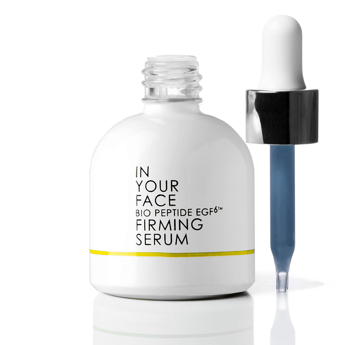 A white bottle of IN YOUR FACE BIO PEPTIDE EGF6 FIRMING SERUM with a yellow accent line, shown next to a blue glass dropper with a black and silver collar on a white background.