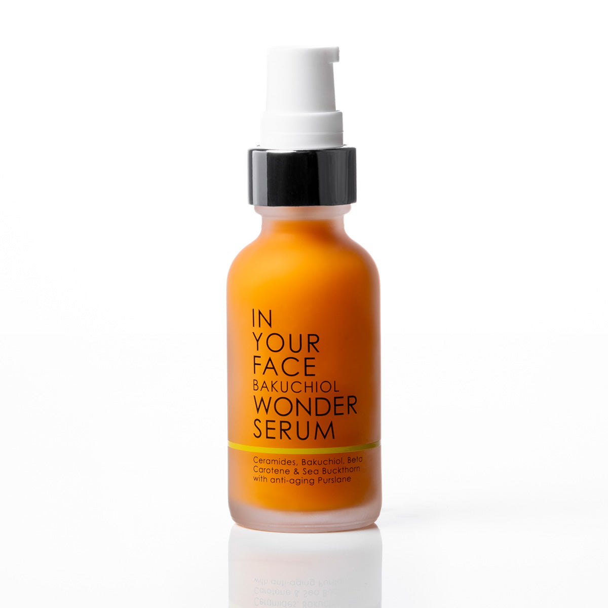 A bottle of In Your Face Bakuchiol Wonder Serum with an amber glass body, white pump dispenser, and black collar, set against a clean white background.