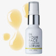 Serum bottle labeled 'In Your Face Plumping Serum' with a white background