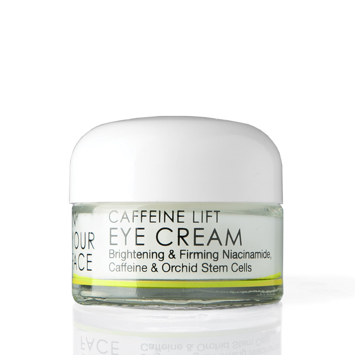 A jar of Your Face Caffeine Lift Eye Cream with a white lid and a clear glass container showing pale yellow-green cream inside, set against a clean white background with a soft reflection.