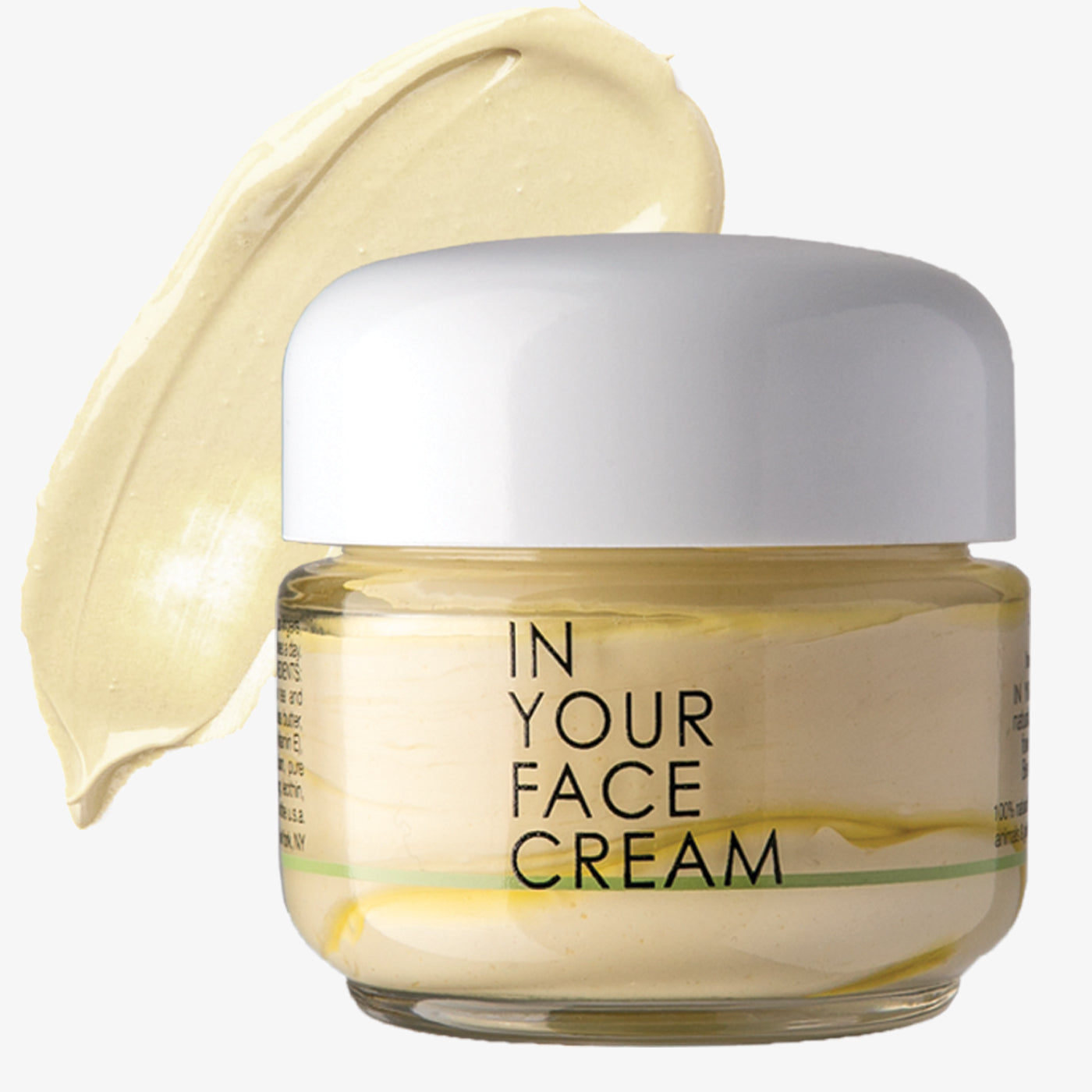 Jar of 'In Your Face Cream' with a swatch on a white background