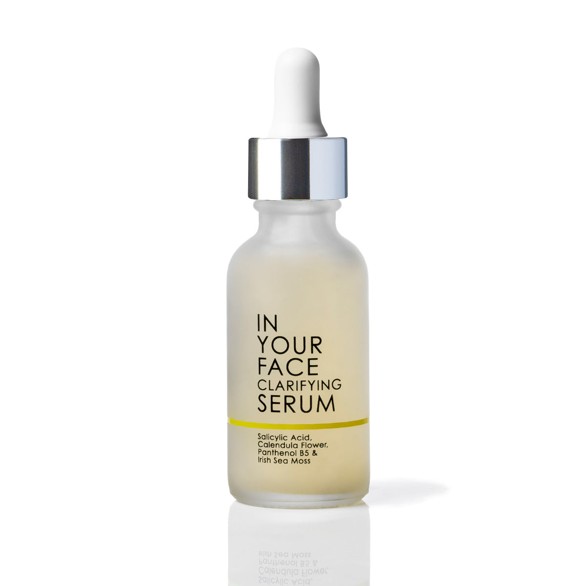 A frosted glass dropper bottle of IN YOUR FACE CLARIFYING SERUM with a white dropper cap, silver collar, and a yellow accent line on the label, set against a clean white background with a soft reflection.