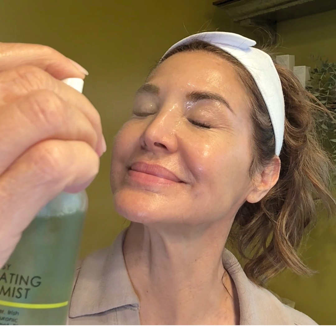 denice spraying face with BLUE TANSY HYDRATING FACE MIST