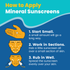 Instructions on how to apply mineral sunscreens with illustrations and text.