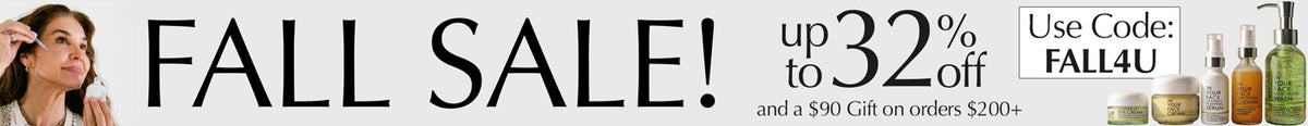 A promotional banner for a fall sale with large black text reading 'FALL SALE!' and 'up to 32% off', a coupon code 'Use Code: FU4110', and a strip of small beauty product bottles on the right against a light gray background.