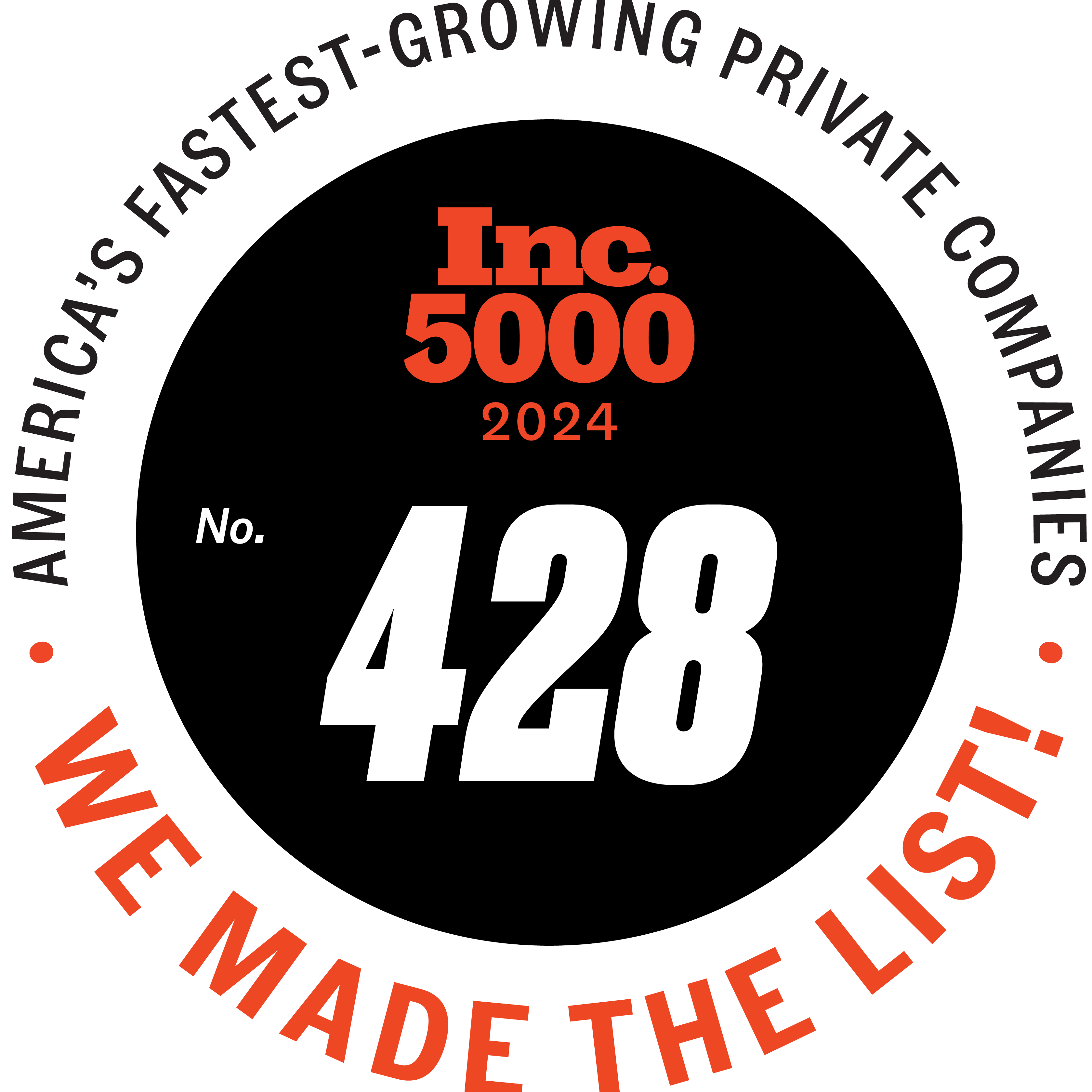 Inc. 5000 2024 Best of America Fastest-Growing Private Companies badge, showing the number 428 in white on a black circle with orange and black text on a white background.