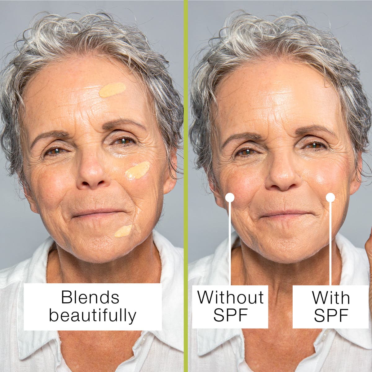 a picture showing a mature woman with short grey hair, the photo on the left saying 'Blends Beautifully' and the one on the right saying 'Without SPF' and 'With SPF' and it shows the woman's face looking more smooth and even-toned once the SPF was blended in. 
