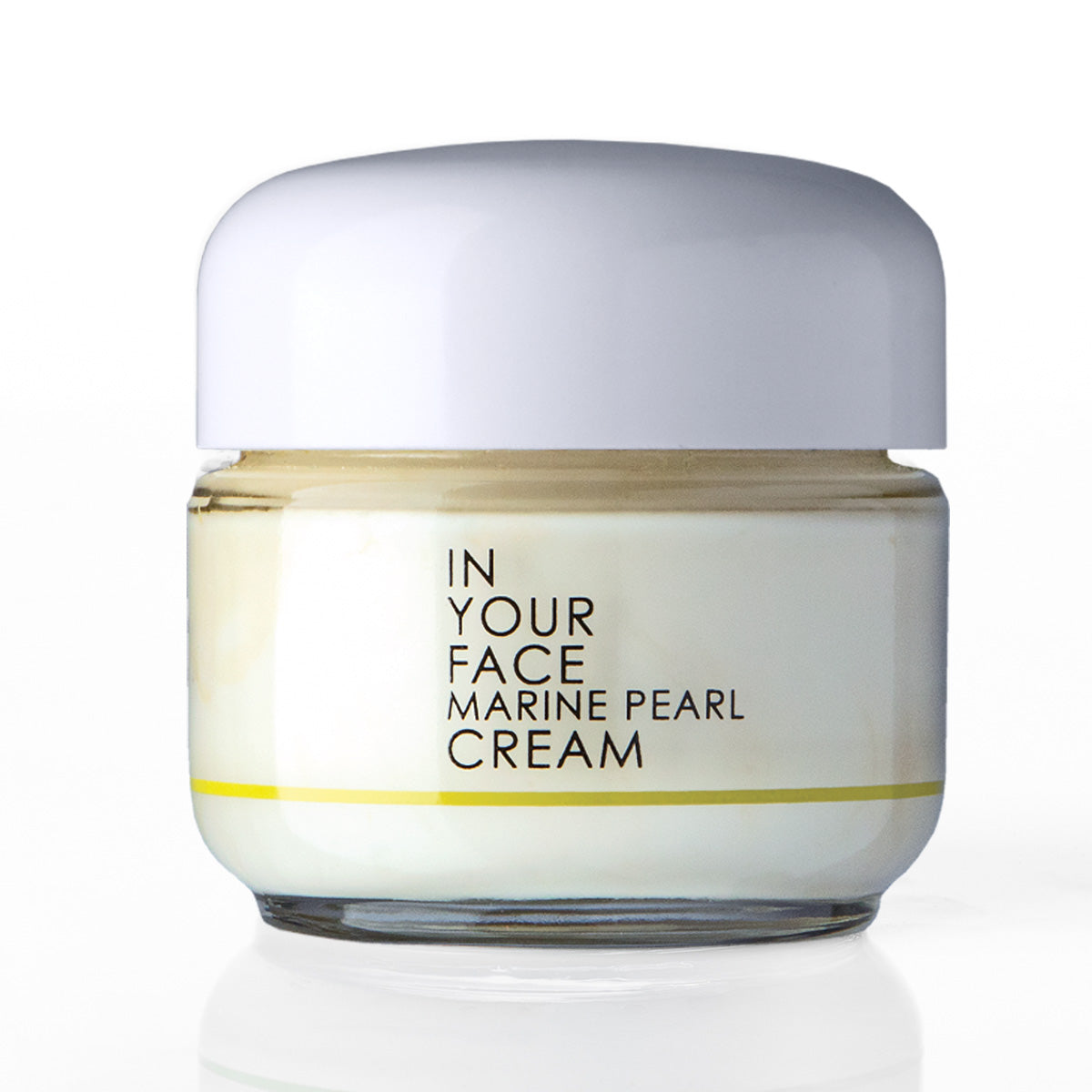 A jar of IN YOUR FACE MARINE PEARL CREAM with a white lid and a cream-colored body, set against a clean white background with a soft reflection.