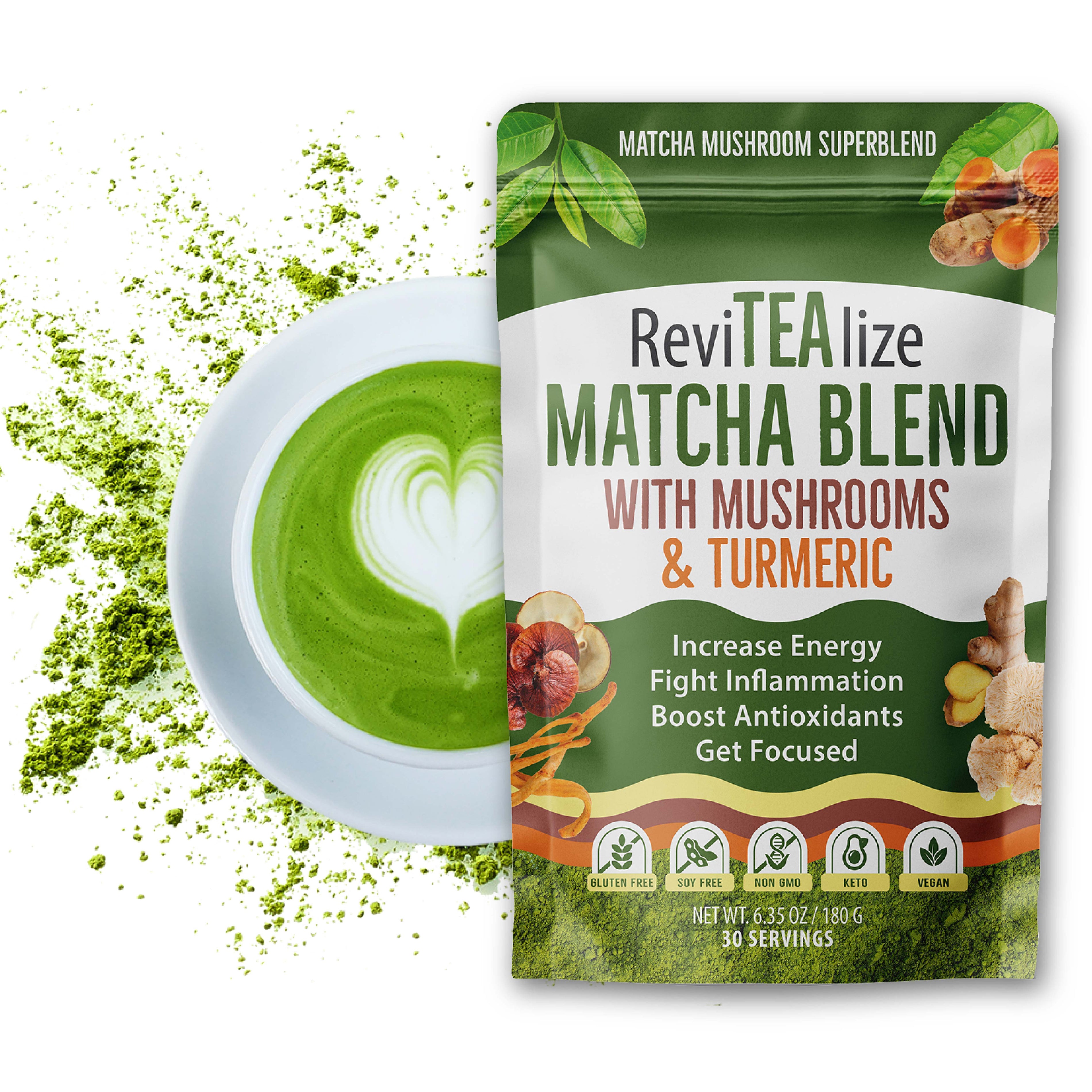 ReviTEalize Matcha Blend with Mushrooms & Turmeric in a green and white stand-up pouch, shown next to a white cup of matcha latte with heart-shaped foam art and green powder splashes on a white background.