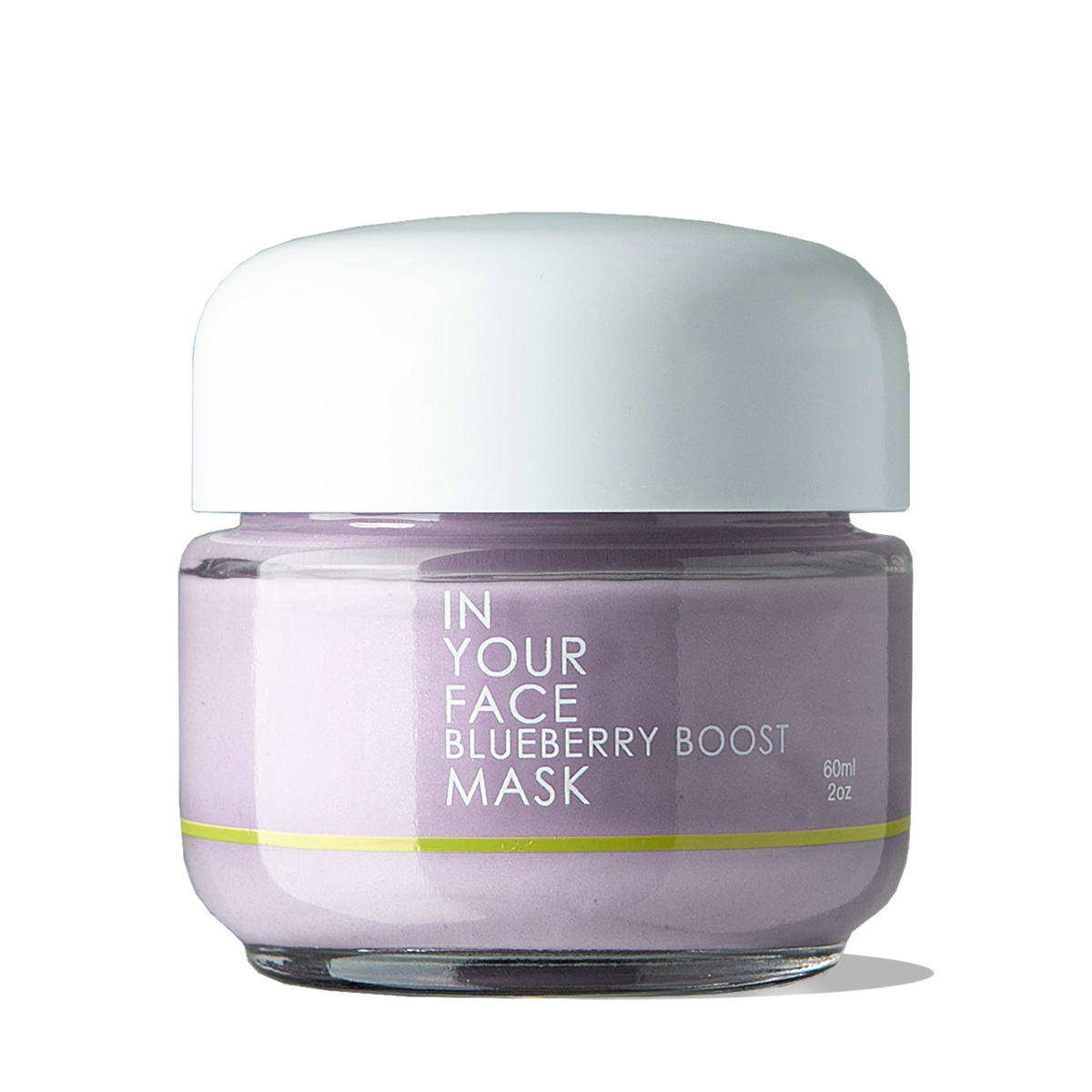 a jar of the IN YOUR FACE BLUEBERRY BOOST MASK on a white background. A light lilac-colored mask with a white lid.