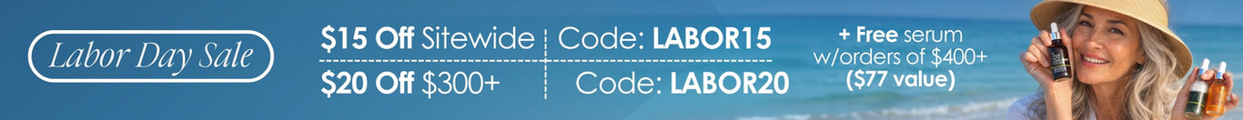 A promotional banner for Labor Day sale with text offering $15 off at Sitewide code LABOR15 and $20 off at Sitewide code LABOR20, plus a free serum with $400 of serums ($77 value) on the right side next to a woman in a straw hat holding a phone.