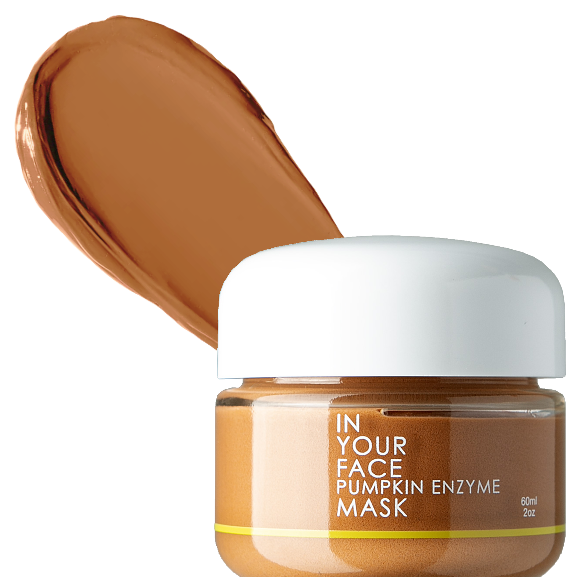 a clean photo of the PUMPKIN ENZYME MASK on a white background with a shadow under the jar. The photo shows the MASK to be a burnt orange color. The jar is next to a smear of the mask itself, showing it to be a smooth texture.