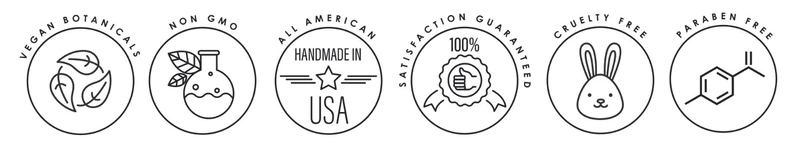 badges saying: vegan botanicals, non-GMO, all-american: handmade in the USA, 100% satisfaction guaranteed, cruelty free, paraben free