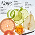 A fragrance notes graphic on a white background with the title 'Notes' and the scent description 'Heart Pear Accord Grapefruit Peel Base Soft Vanilla Woody Musk Amber.' Fresh citrus, lime slices, a pear half, a vanilla bean, and a translucent amber cube are arranged around the text to represent the fragrance's notes.