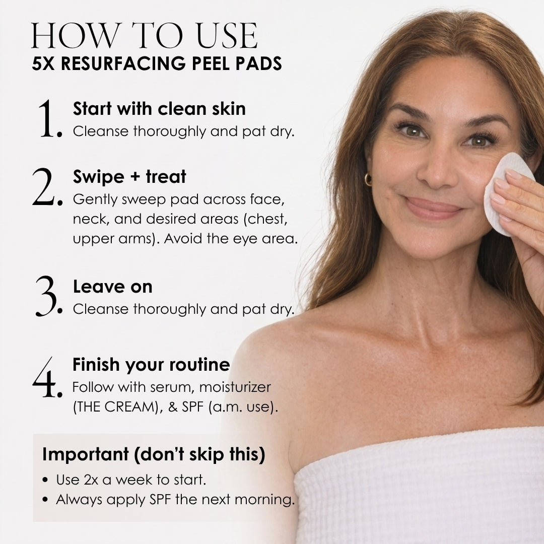 Woman using resurfacing peel pads with instructions on how to use them.