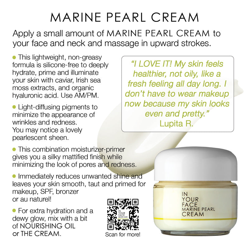 Page 04 of How to GUIDE showing Promotional graphic for Marine Pearl Cream showing the product jar, descriptive text, bullet points, a customer quote, and a QR code on a white background.