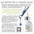 Page 05 of How to GUIDE showing a Promotional product graphic for Bio Peptide EGF-6 Firming Serum. The image shows a white bottle with a black dropper cap and a large blue serum dropper above it, alongside product text, a customer quote, and a QR code on a white background.