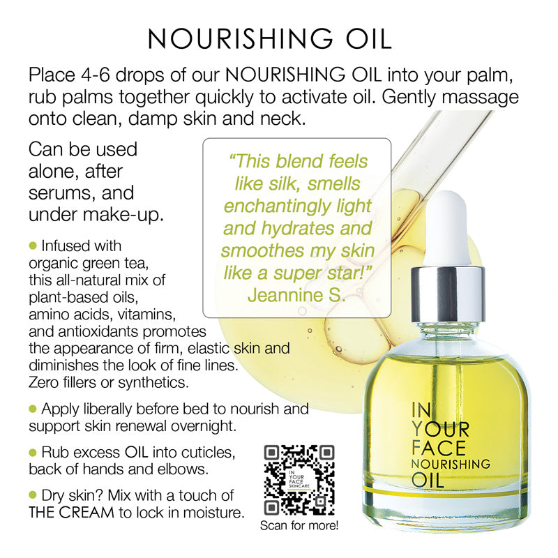 Page 06 of How to GUIDE showing Promotional graphic for nourishing oil showing a clear bottle with pale yellow liquid, a dropper, and usage text on a white background and QR code. 