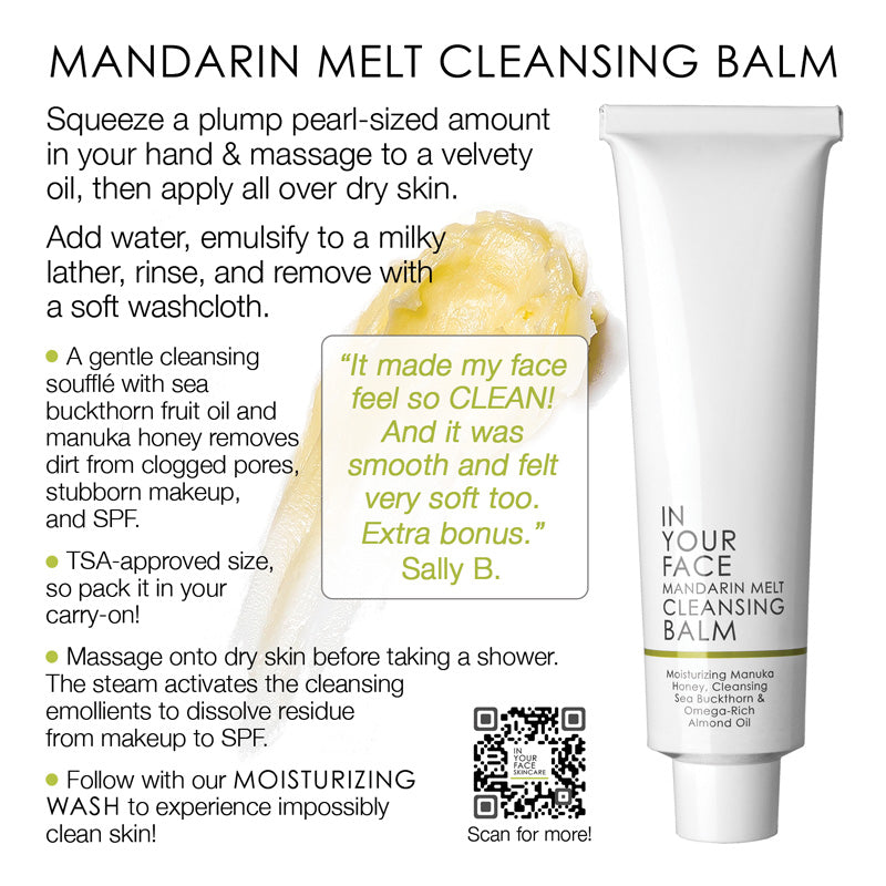 Page 10 of How to GUIDE showing Mandarin Melt Cleansing Balm tube shown on a white background with product instructions, a small photo of the balm, and a QR code. The tube is white with black text and a small yellow-green accent band near the bottom.