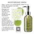 Page 11 of How to GUIDE showing Moisturizing wash bottle with pump dispenser on a white background, alongside product description text, green circular graphics, and a customer review quote. The bottle is clear with yellow-green gel inside and a silver pump.