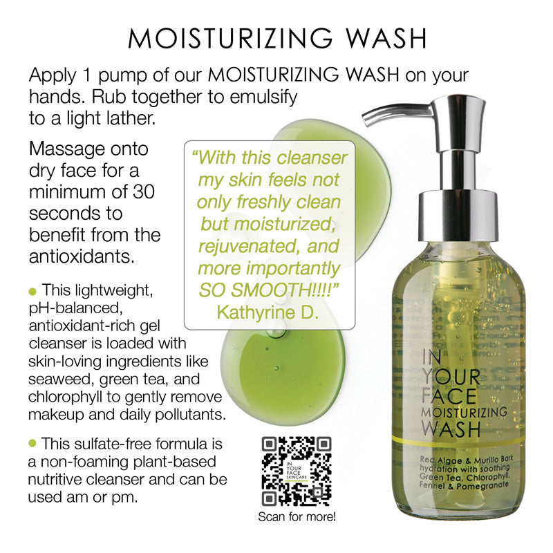 Page 11 of How to GUIDE showing Moisturizing wash bottle with pump dispenser on a white background, alongside product description text, green circular graphics, and a customer review quote. The bottle is clear with yellow-green gel inside and a silver pump.