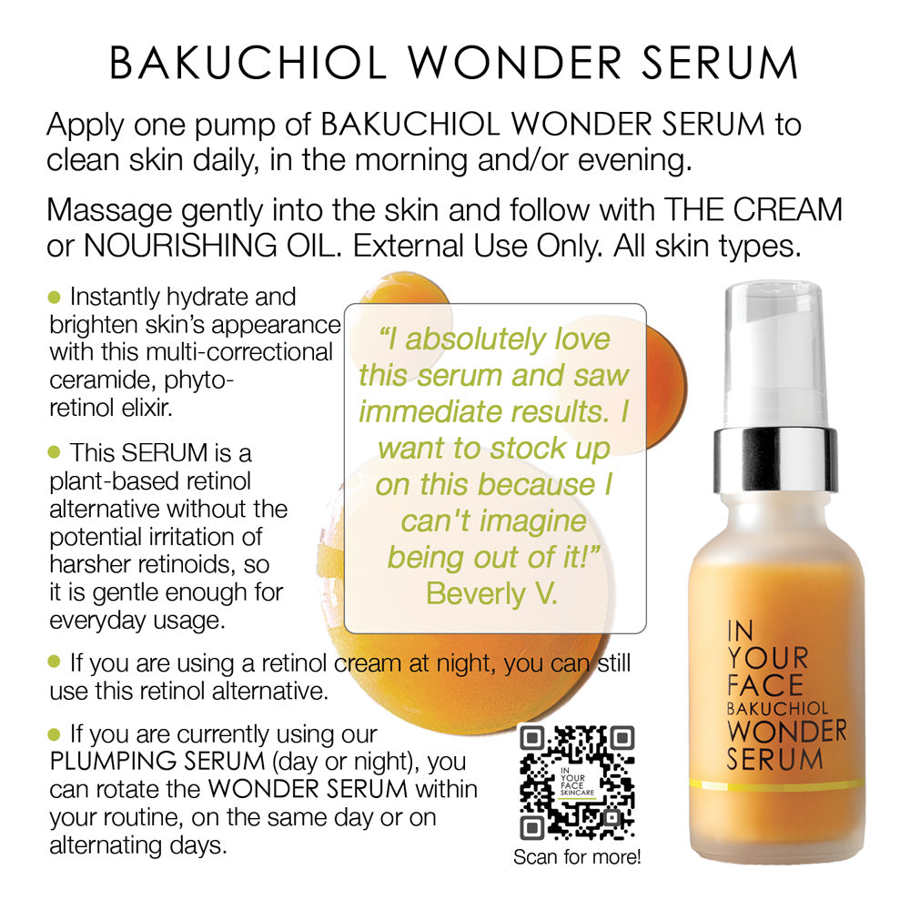 Page 12 of How to GUIDE showing a promotional graphic for BAKUCHIOL WONDER SERUM showing a bottle of the serum on the right, usage instructions on the left, and a customer quote in the center.