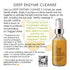 Page 18 of How to GUIDE showing aPromotional graphic for Deep Enzyme Cleanse skincare, featuring a bottle of the product on the right, bullet points of usage instructions on the left, a customer review quote in a speech bubble, and a small QR code.