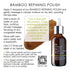 Page 19 of How to GUIDE showing Bamboo Refining Polish bottle shown on a light gray background with product text, a dropper, and a texture closeup. The amber bottle has a white dropper and silver cap, with a quote box and ingredient bullet points around it.