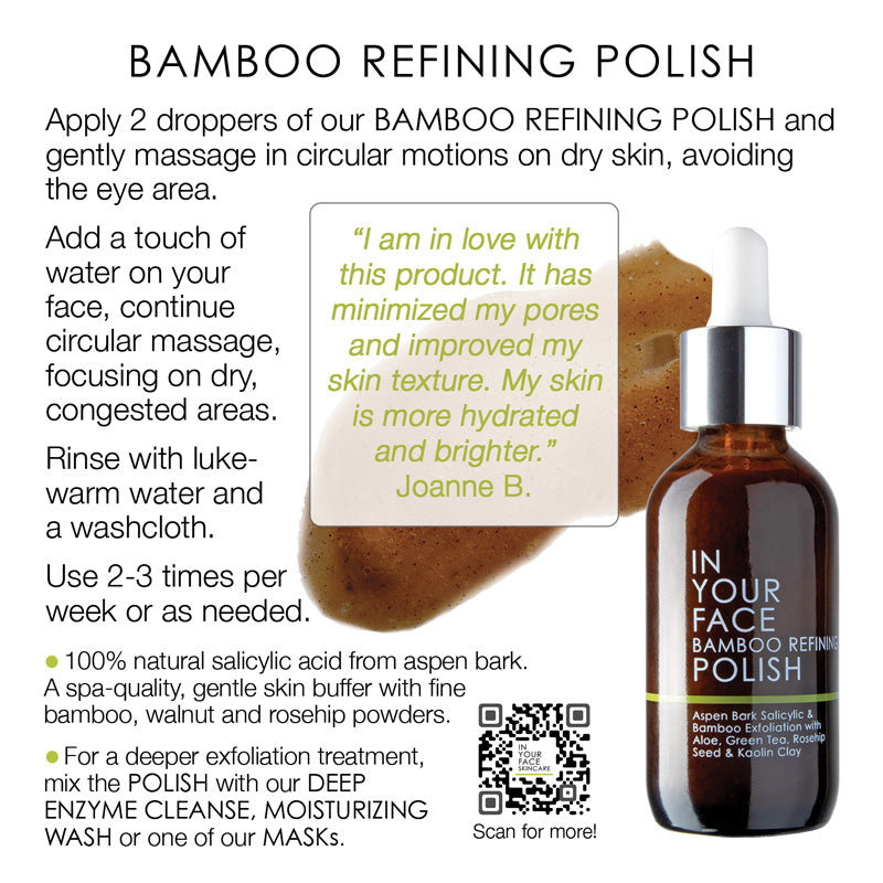 Page 19 of How to GUIDE showing Bamboo Refining Polish bottle shown on a light gray background with product text, a dropper, and a texture closeup. The amber bottle has a white dropper and silver cap, with a quote box and ingredient bullet points around it.