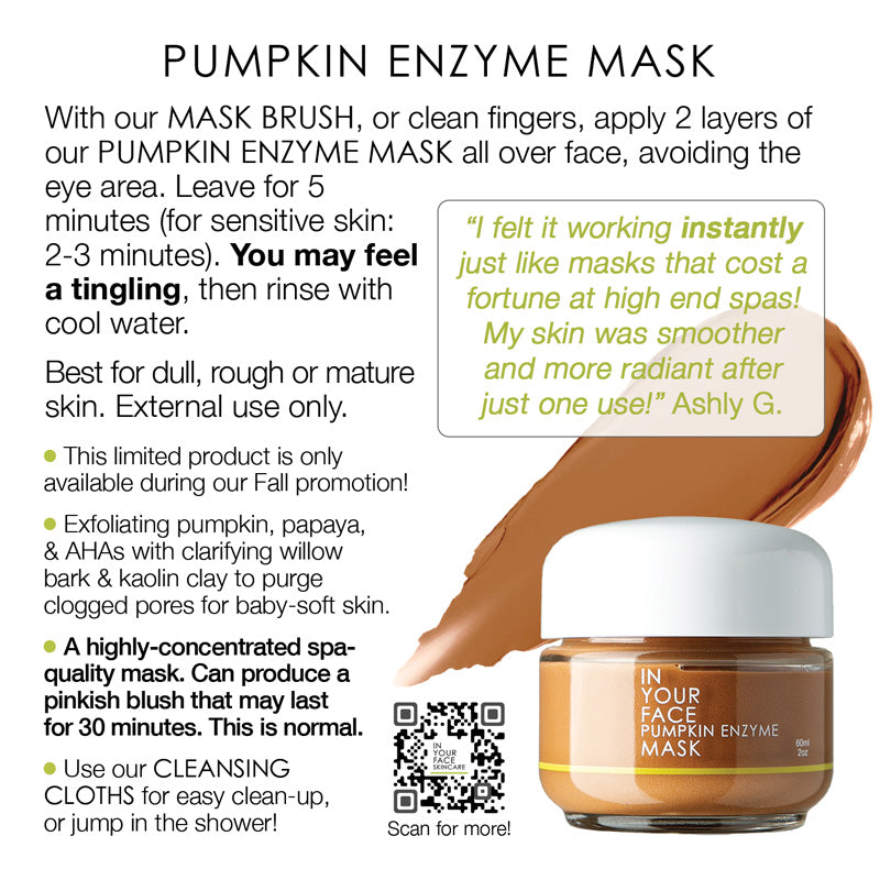 Page 22 of How to GUIDE showing Pumpkin Enzyme Mask promotional graphic with text instructions, a jar of the product, and a QR code on a white background.