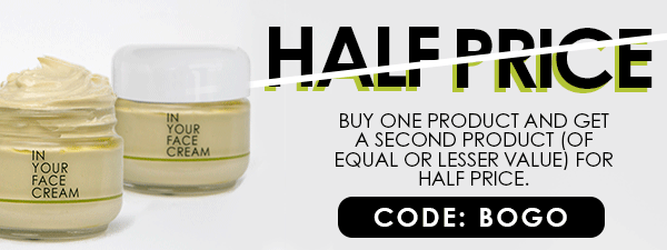 Promotional Banner BOGO buy one product get another (equal or lesser value) half off. Bundles not included.