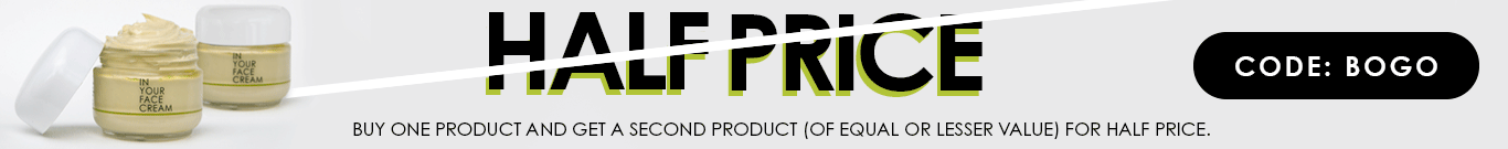 Promotional Banner BOGO buy one product get another (equal or lesser value) half off. Bundles not included.