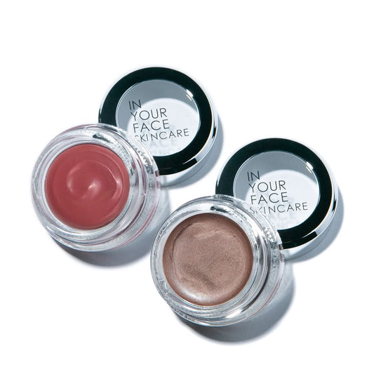 a photo of the COLOR and SHIMMER next to each other. It shows the rosy texture of the COLOR and the shimmery bronze of the SHIMMER.