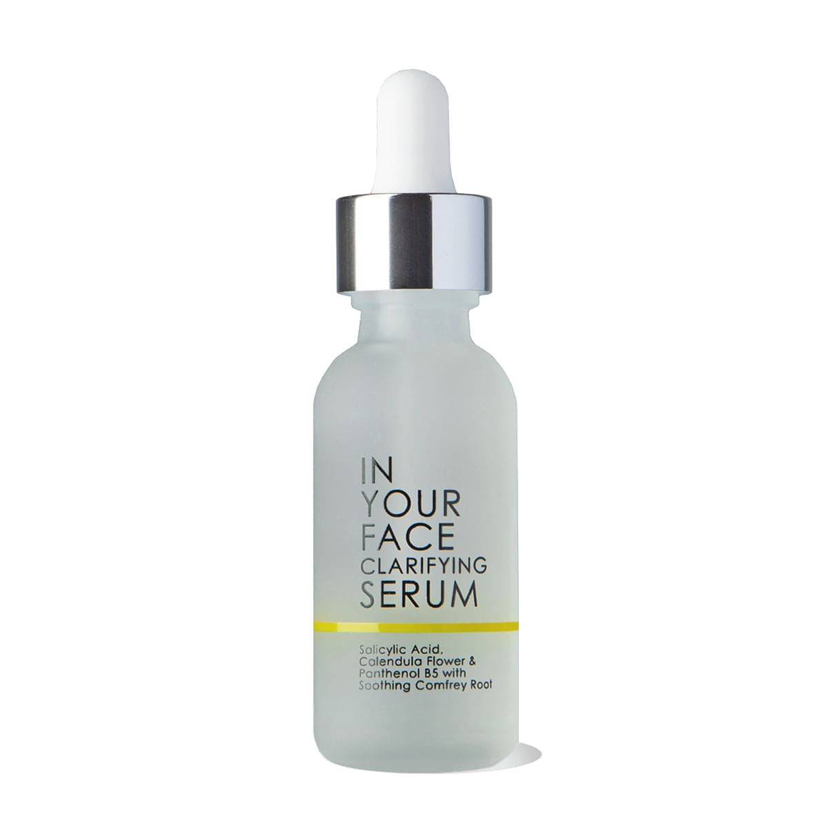 a bottle of the IN YOUR FACE CLARIFYING SERUM on a white background with a small shadow underneath the bottle. It shows a pipette that you can squeeze as the dispenser for the product on top.