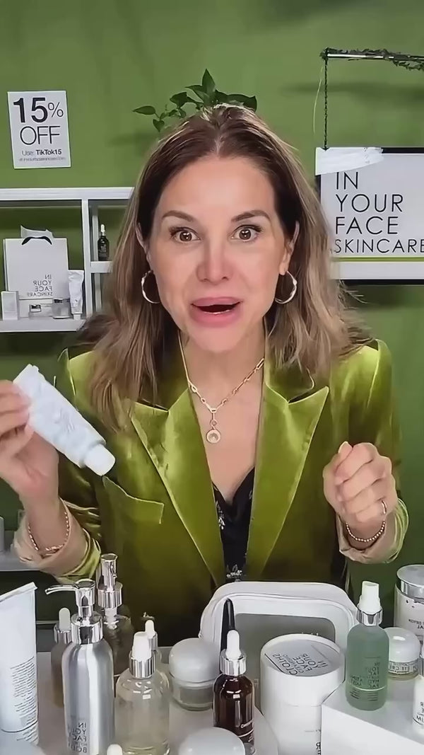 Denice in green velvet jackets talks about CAFFEINE LIFT EYE CREAM