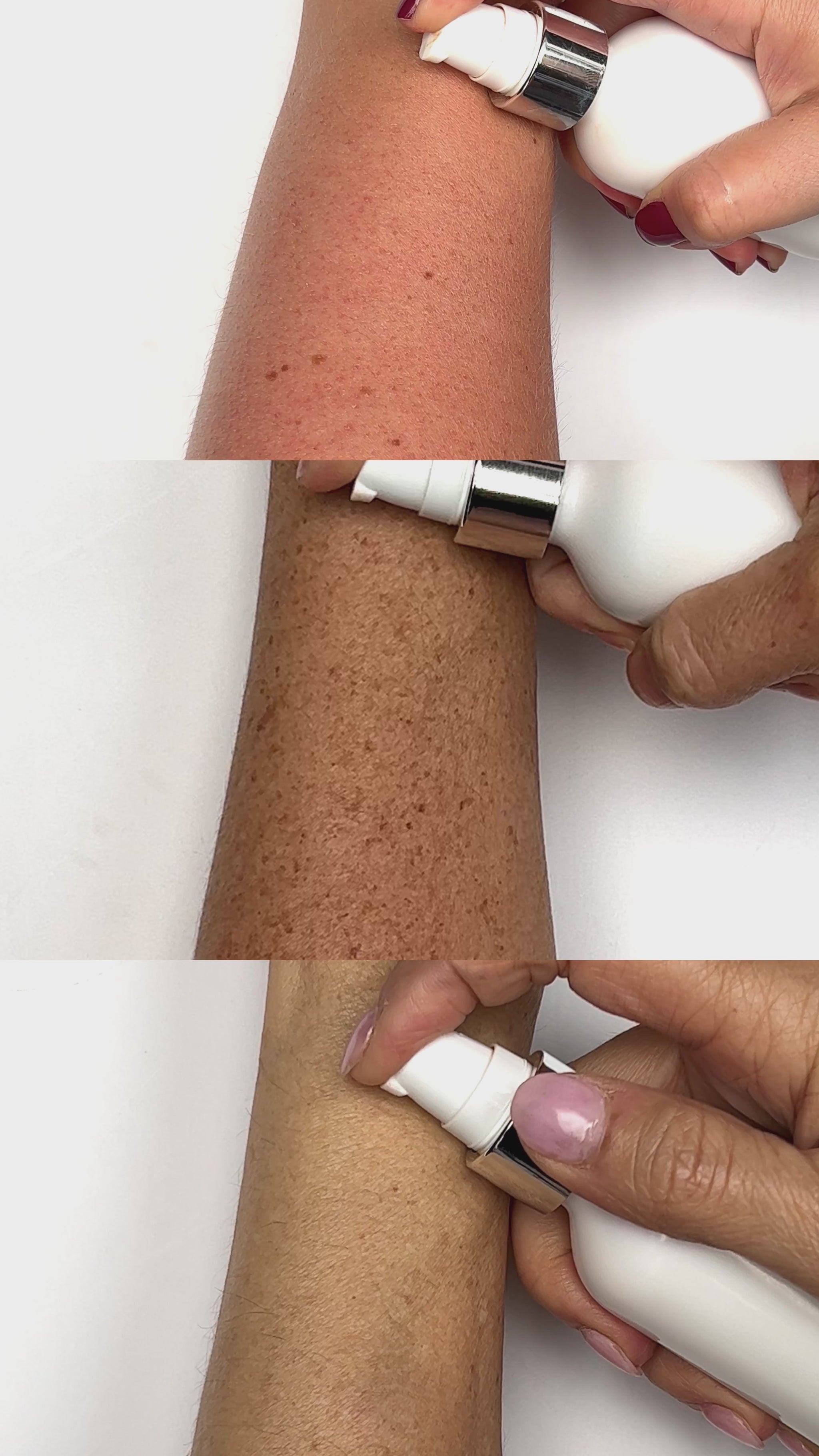 a video showing 3 different women with different skin tones, one ivory & pink, one freckled and medium ivory, and one mature and olive skinned all applying the SPF to their arms and then their face. It shows the SPF rubbing in. 