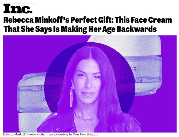 Advertisement for Rebecca Minkoff's face cream with a purple overlay and 'Inc.' branding.
