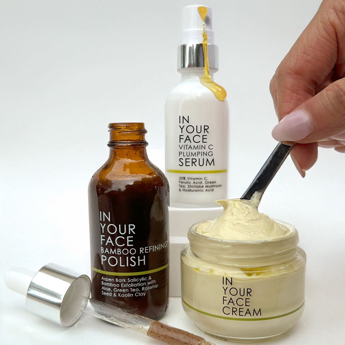 SERENA SET ( BRIGHT GLOW BUNDLE ) product image: includes THE CREAM, BAMBOO REFINING POLISH & VITAMIN C PLUMPING SERUM