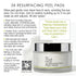 Promotional graphic for 5X Resurfacing Peel Pads showing product text, a QR code, and a jar of the peel pads on a white background.