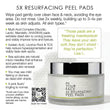 Promotional graphic for 5X Resurfacing Peel Pads showing product text, a QR code, and a jar of the peel pads on a white background.
