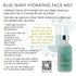 Promotional graphic for Blue Tansy Hydrating Face Mist showing the product bottle on the right, usage instructions on the left, a quote box, and a QR code, with a teal misty bottle and white background.