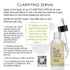 Clarifying Serum product information graphic with text instructions, benefits, a customer quote, and a bottle of the serum on a white background.