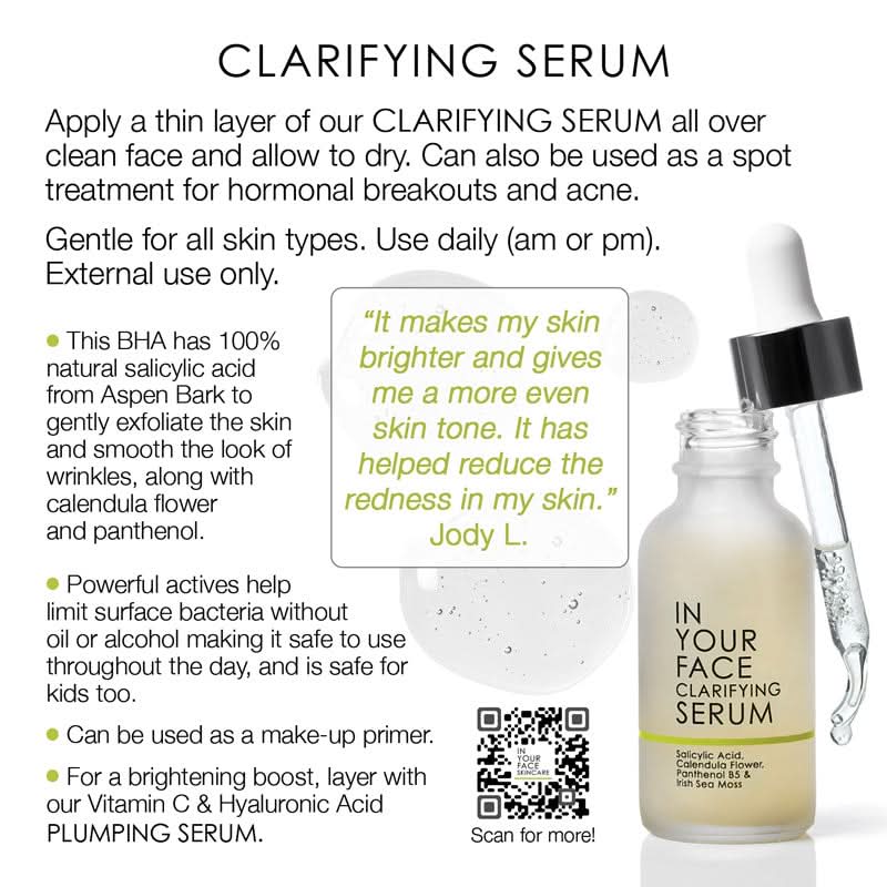 Clarifying Serum product information graphic with text instructions, benefits, a customer quote, and a bottle of the serum on a white background.