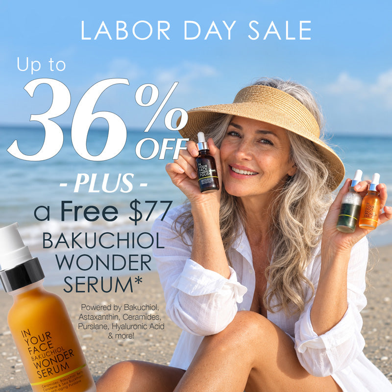 A woman in a straw hat and white shirt sits on a beach holding two skincare dropper bottles, with large sale text reading 'Labor Day Sale Up to 36% Off' and a free $77 Bakuchiol Wonder Serum offer. A bottle graphic appears in the lower left.