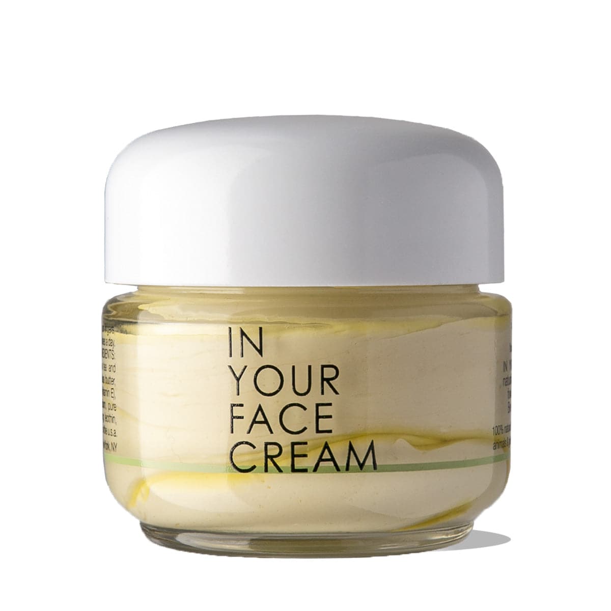 a jar of IN YOUR FACE CREAM on a plain white background. The cream is a buttery yellow color.