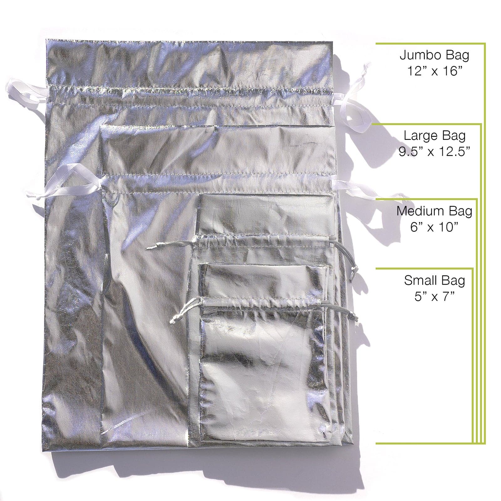 an image of 4 metallic silver drawstring gift bags on a white background, laying flat. Text on it corresponds to the sizes. Small bag - 5" x 7". Medium bag 6" x 10". Large bag 9.5" x 12.5". Jumbo Bag 12" x 16".