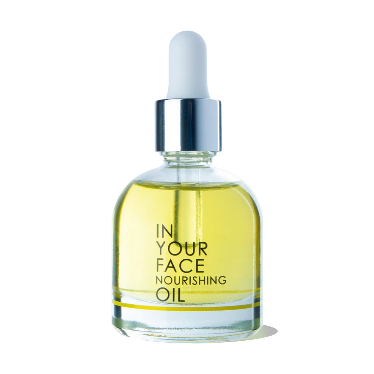 a clean image of the IN YOUR FACE NOURISHING OIL on a white background. The oil is in a clear bottle with a squeezable dropper inside. The oil is a beautiful clear golden color.