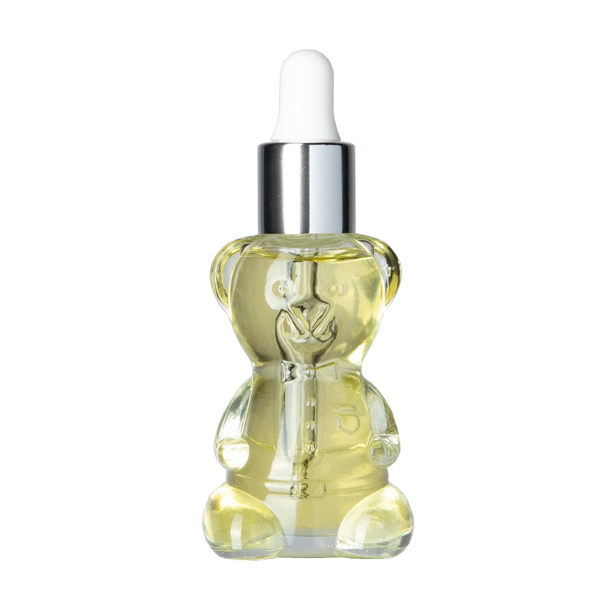 a clean image of the IN YOUR FACE NOURISHING OIL on a white background. The oil is in a clear Bear-shaped bottle with a squeezable dropper inside. The oil is a beautiful clear golden color.